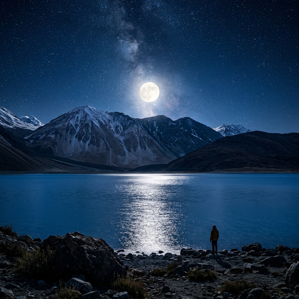 Majestic Pangong Lake under full moon